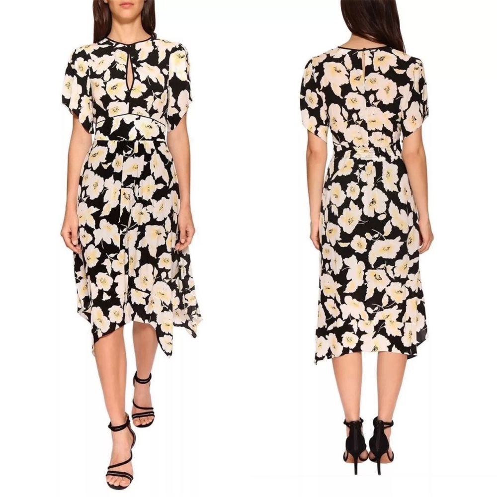 BA&SH black white yellow Robe Fairy floral print midi dress
